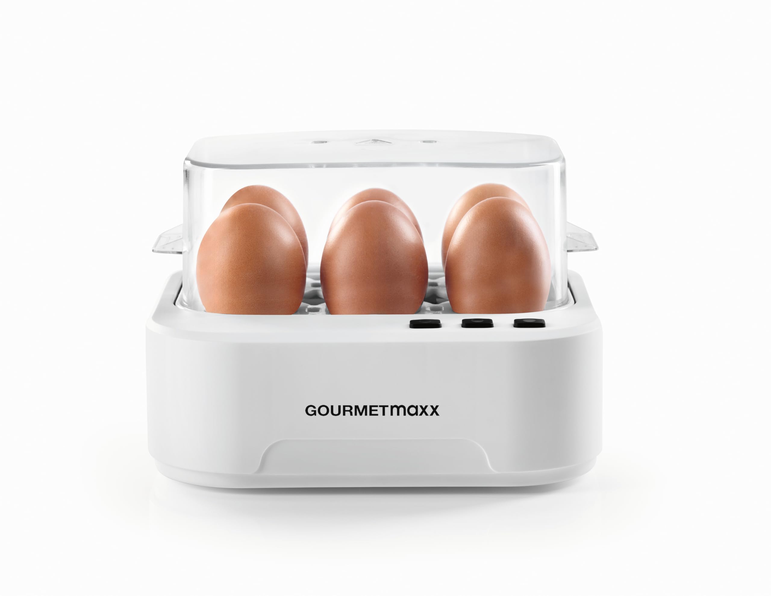 GourmetmaxxTalking Egg Cooker for 6 Eggs, Design Egg Cooker with Egg Cutter, Measuring Cup and Voice Output 3 Hardness Levels for Perfectly Boiled Eggs, Easy to Clean and Easy to Use