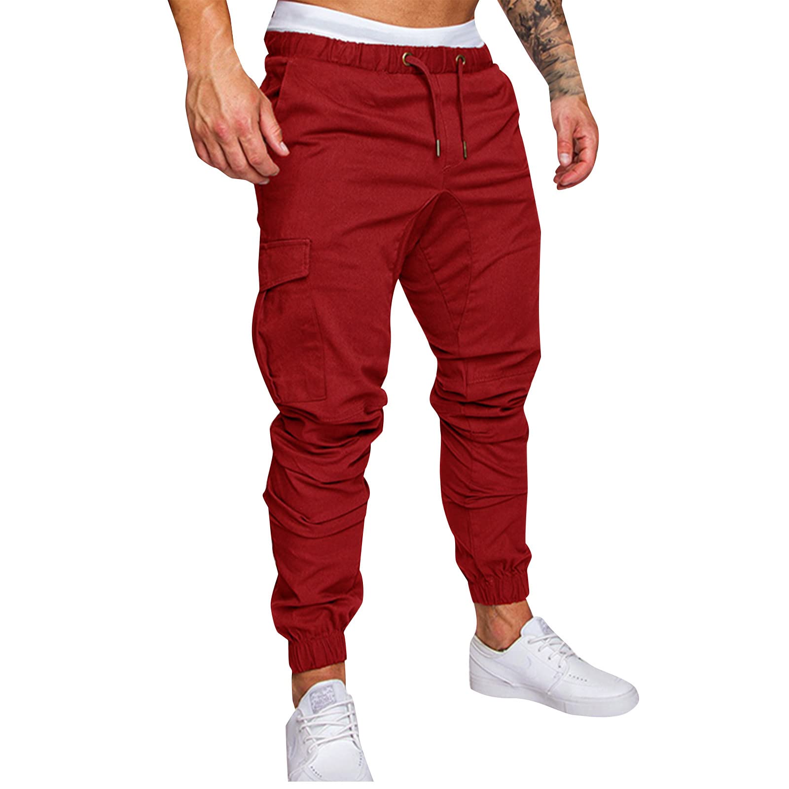 Mens Basic Drawstring Plain Slim Straight Leg Cargo Pants Stretch Elastic Band Jogging Pants Casual Daily Trousers Work Trousers Outdoor Street Trousers