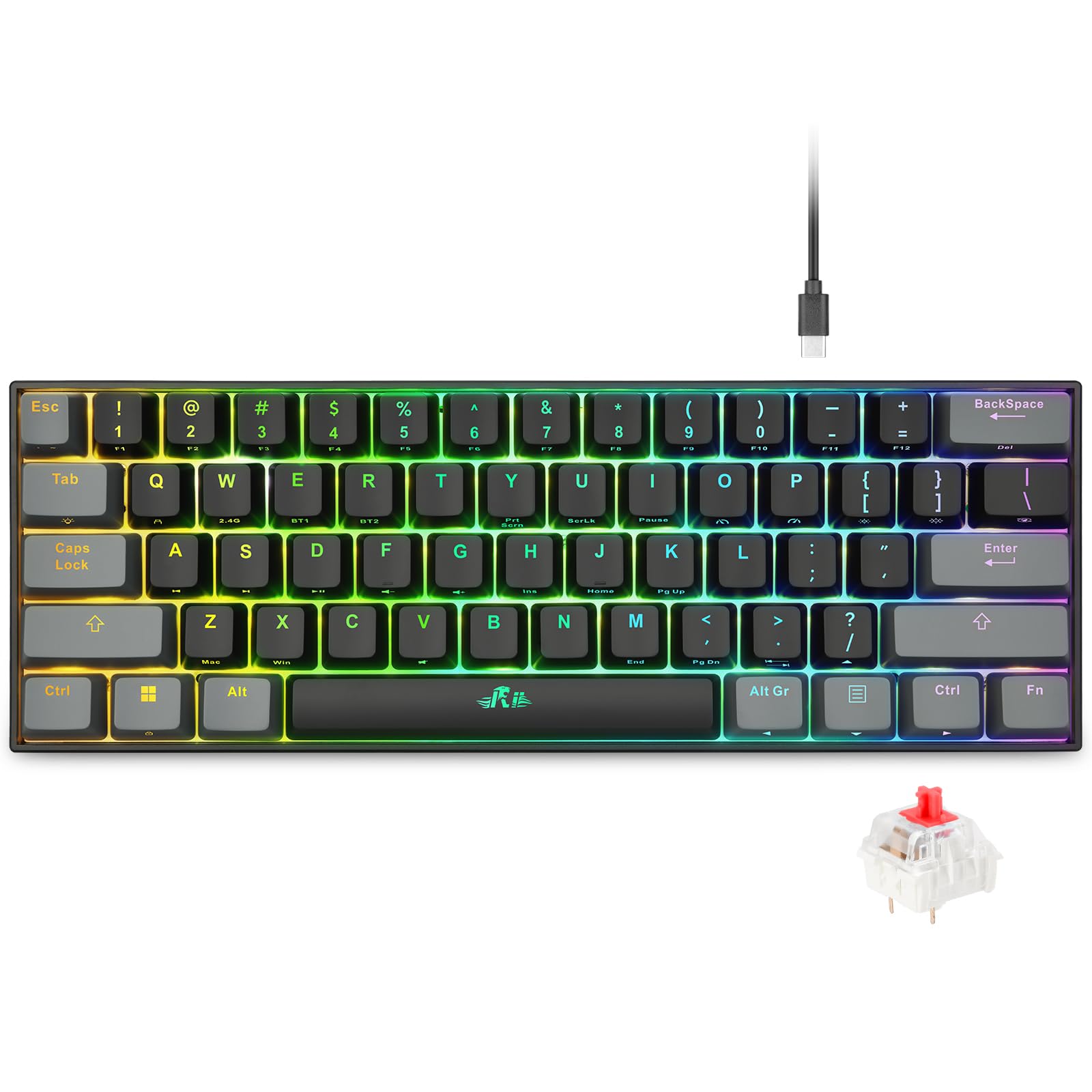 Rii Gaming keyboard, Wireless Rechargeable Mechanical Keyboard 60% compact with RGB backlit Bluetooth/2.4G/Wired Red Switch Keyboard for PC Windows Mac