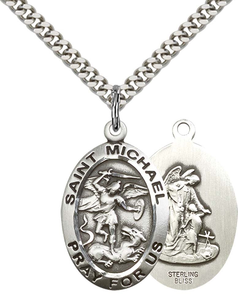 Sterling Silver 1 x 5/8-inch St. Michael the Archangel Pendant for Men or Women on a 24-inch Light Rhodium Heavy Curb Chain