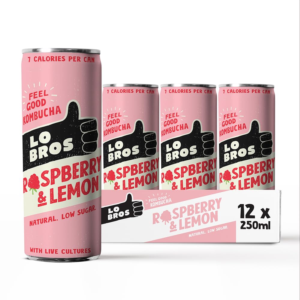 Lo Bros Kombucha - Raspberry & Lemon - 250ml per Can - Pack of 12 - 100% Natural, Low Calorie - Vegan, Gluten Free, Low Sugar, Live Cultures