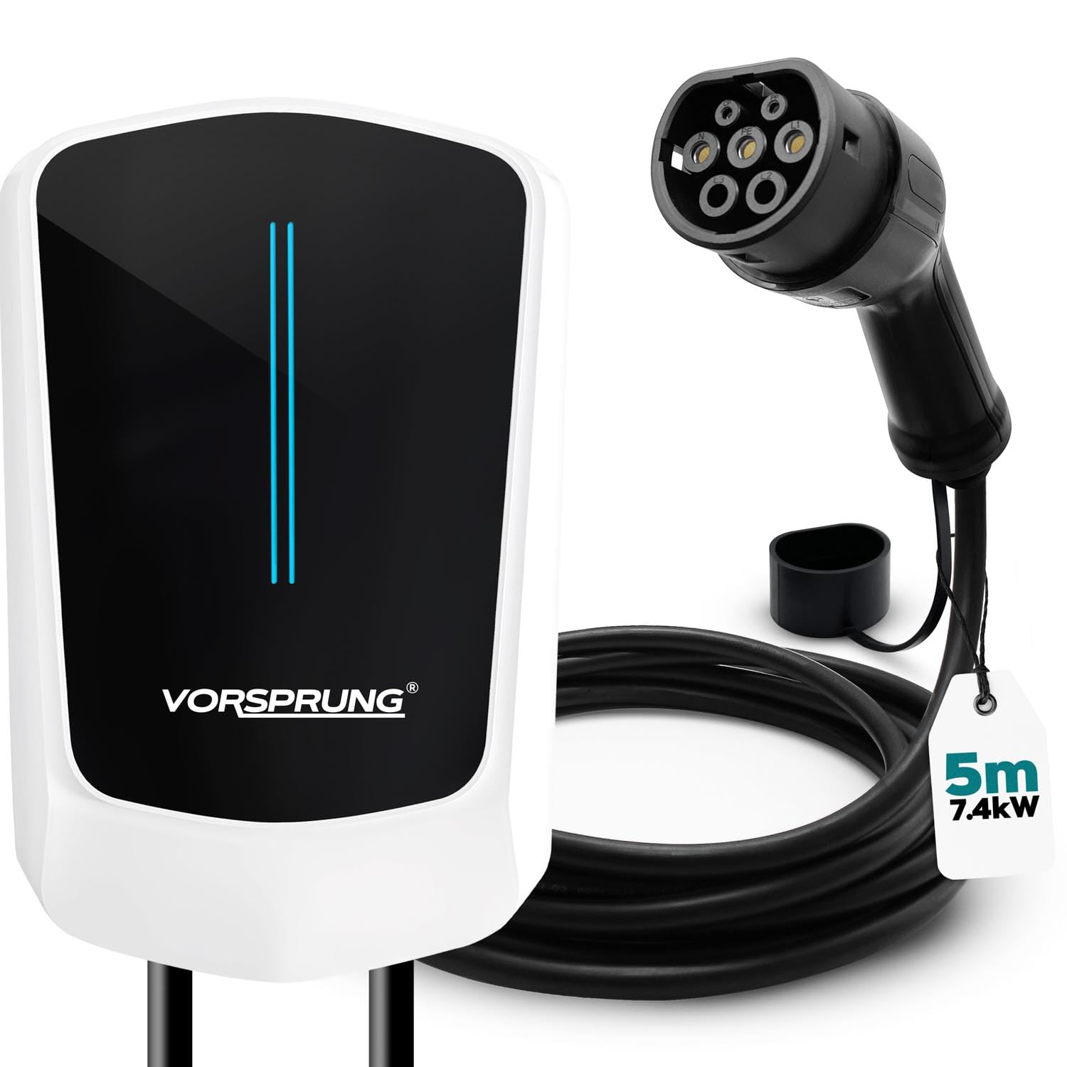 VORSPRUNG® Titan EV WallBox Type 2 Wall Charging Unit 32Amp 7.4kw 5.2m Cable IP55 | Indoor/Outdoor, O-Pen and DC Leakage Protection EV Vehicles & Tesla Charger Designed in UK (White with 5.2M Cable)