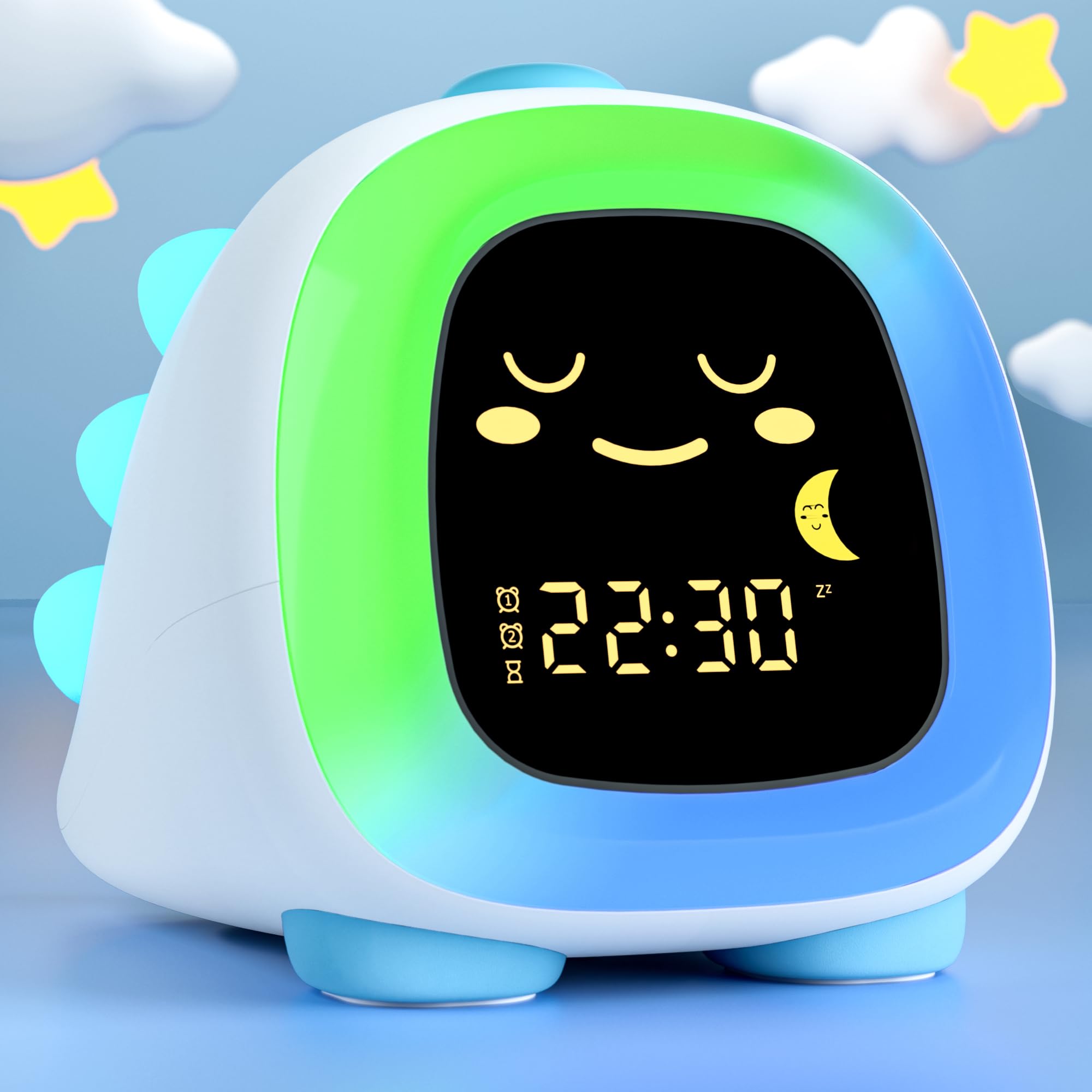 winshine Dinosaur Kids Alarm Clock, OK to Wake Clock with Night Light for Kids, Stay in Bed Clock Sleep Training, Nap Timer Cute Kids Room Decor (Blue)