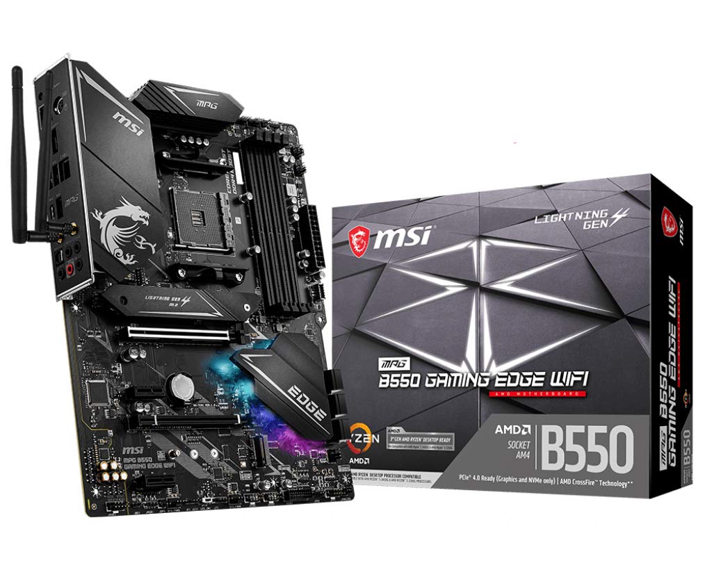 MSI MPG B550 GAMING EDGE WIFI Motherboard ATX - Supports AMD Ryzen 3rd Gen Processors, AM4, DDR4 Boost (4866MHz/OC), 1x PCIe 4.0/3.0 x16, 1x PCIe 3.0 x16, 1x M.2 Gen4, 1x M.2 Gen3, 2.5G LAN, Wi-Fi 6