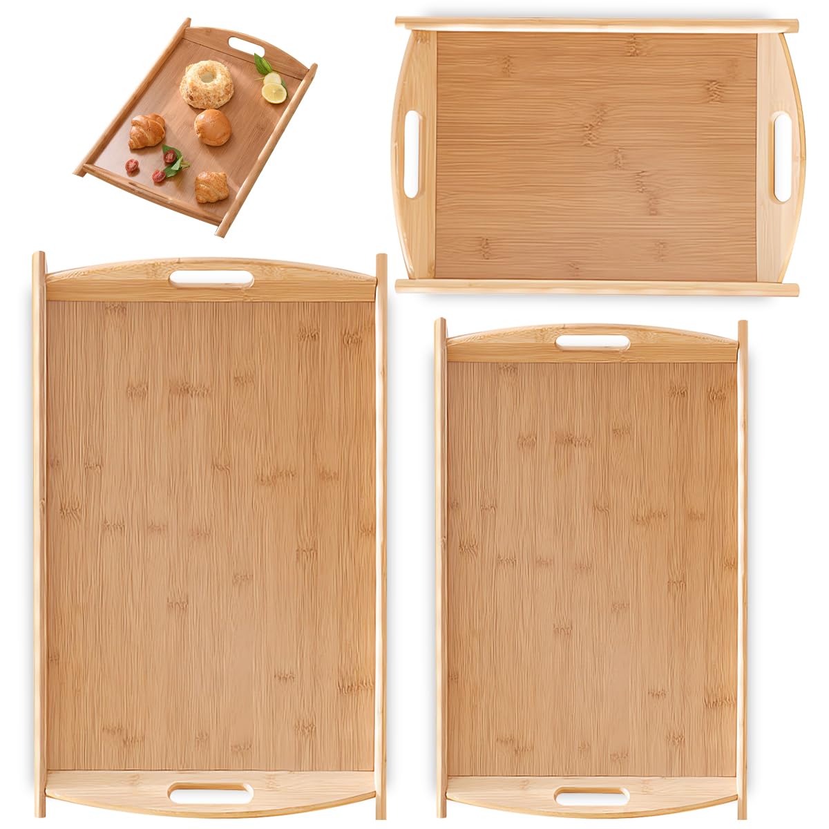 Cestbella Bamboo Serving Tray 3 Pack, Nested Tray with Handle Ottoman Trays Set Wooden Breakfast Food Decorative Serving Platters Large Middle Small Trays for Home Bed Party Coffee Restaurant Outdoor