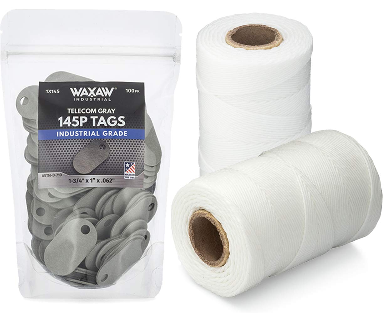 Waxed Lacing Cord Twine (1,005 FT) 2 Pack Cable Tie Down & 145P Telecom Fiber Tags (100 PK) Bundle