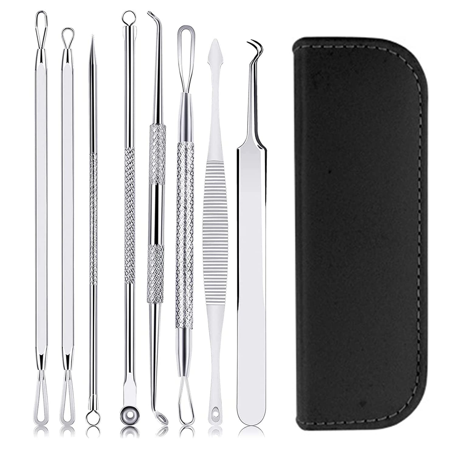 JZS Pimple Popper Tool Kit, 8 in 1 Teenitor Professional Safe Treatment for Zit Popper White Head Acne Blemish Comedone Removing for Nose Face Skin(Black)