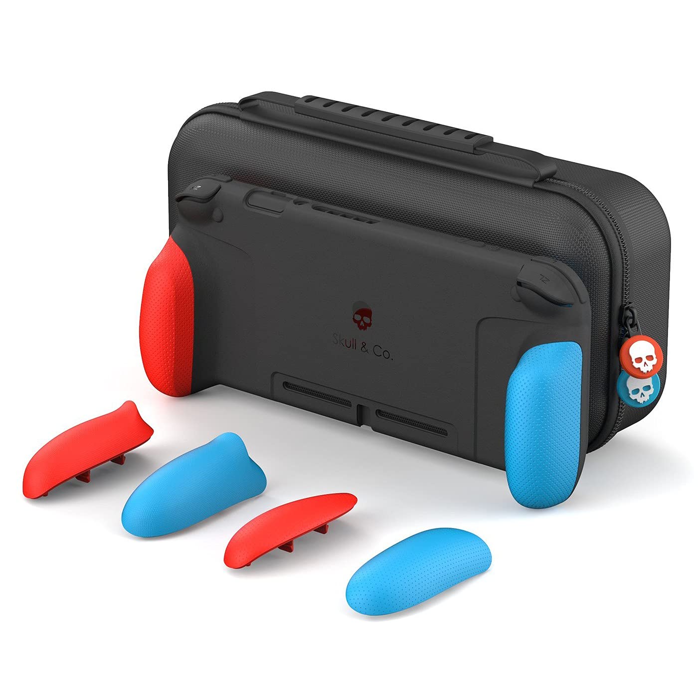 Skull & Co. GripCase Set: A Dockable Protective Case with Replaceable Grips [to fit All Hands Sizes] for Nintendo Switch [with Carrying Case] - Neon Blue(L)+Neon Red(R)