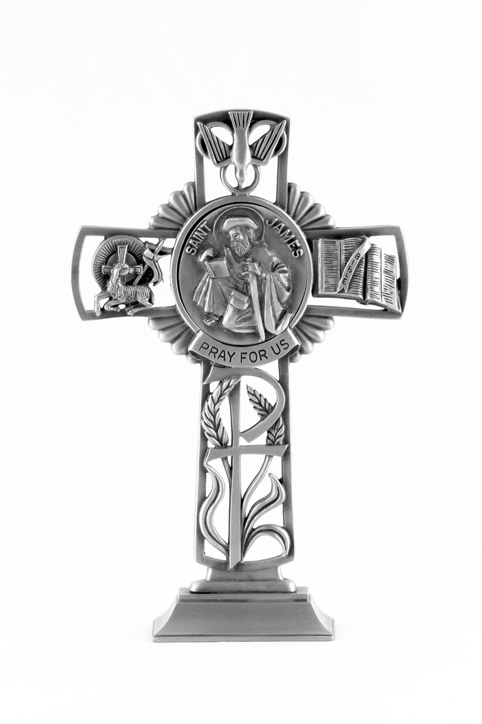 Pewter Catholic Saint St James Pray for Us Standing Cross, 6 Inch