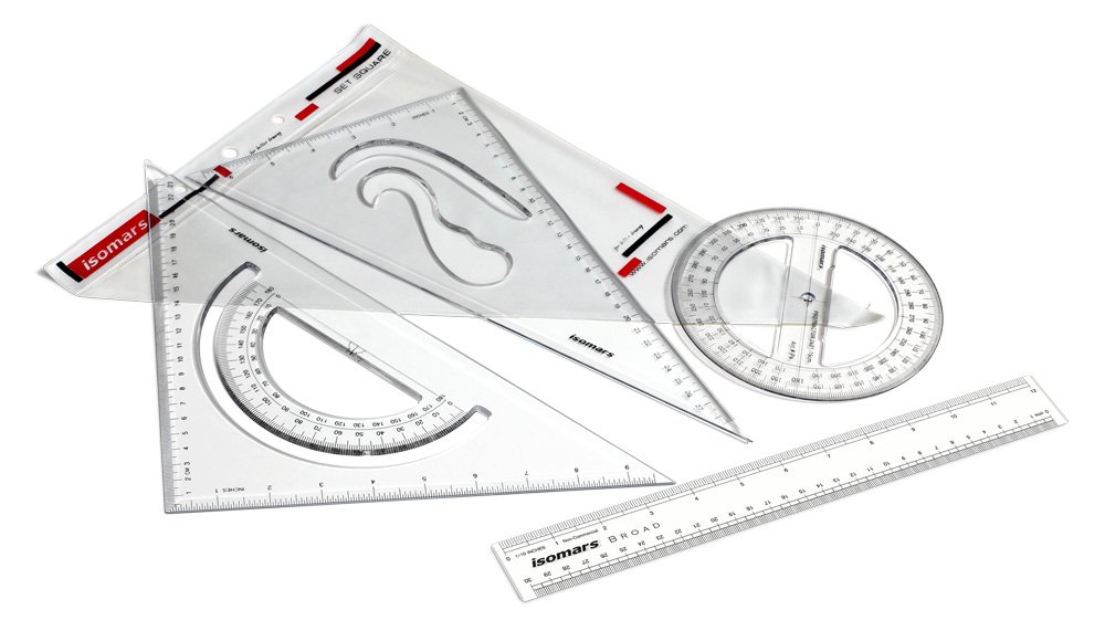 Isomars Scholar Set Squares, Protractor,12 Inch Scale - Sides Beveled