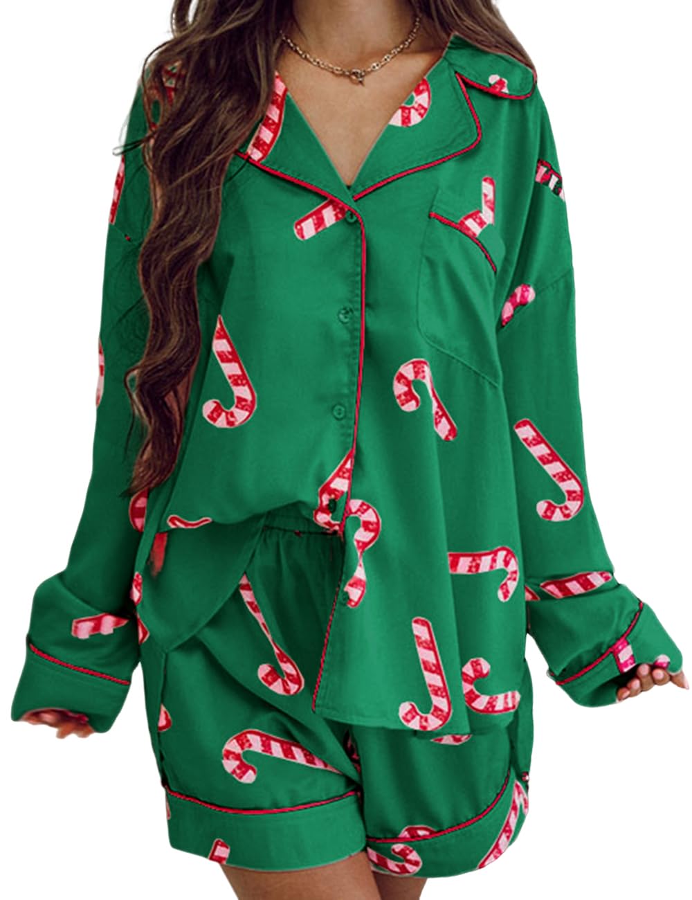 EcosunnyChristmas Candy Pajamas for Women Button Down Sleepwear Soft Loungewear Long Sleeve Top and Shorts Lounge Set