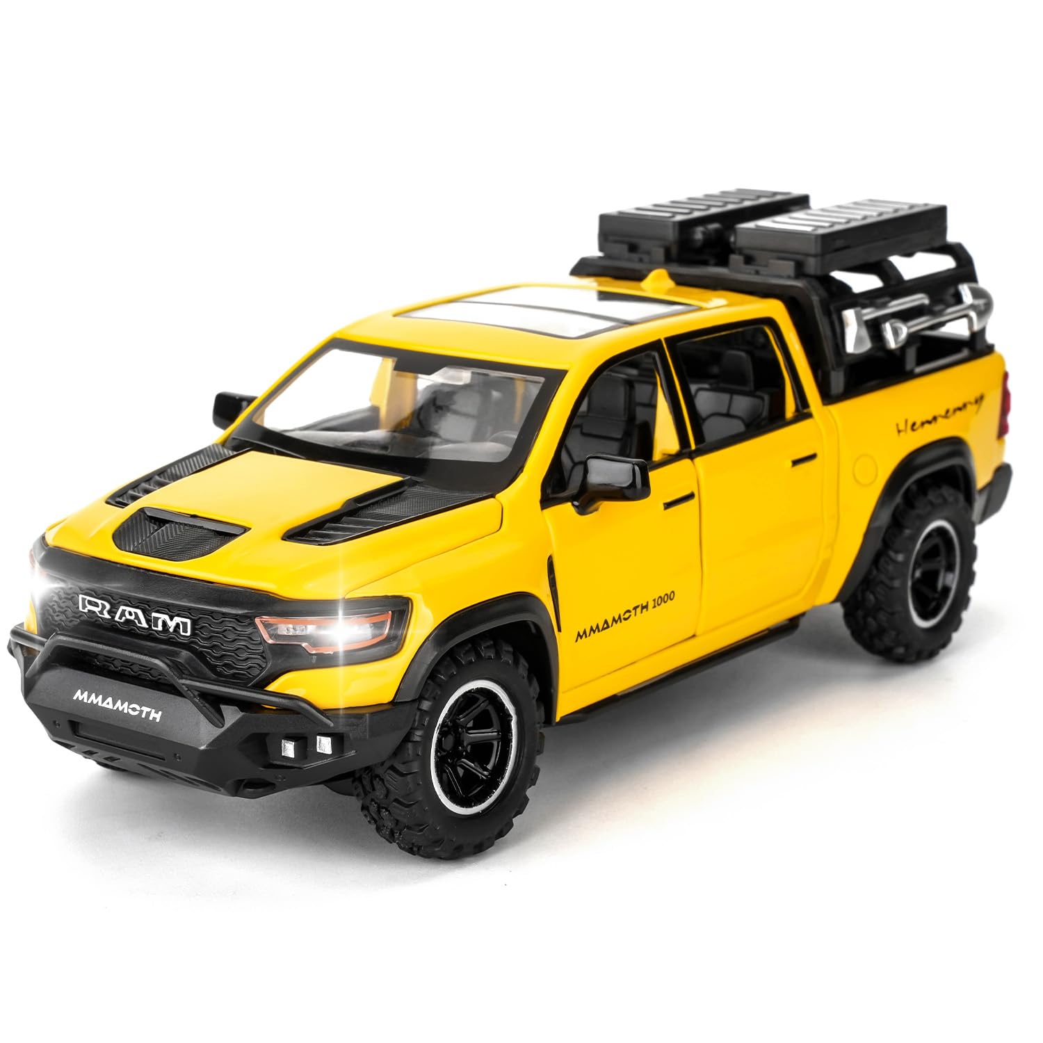 TGRCM-CZ Dodge Ram Mammoth Pick-Up Truck Model Car, Zinc Alloy Pull Back Toy car with Sound and Light for Kids Boy Girl Gift(Yellow)