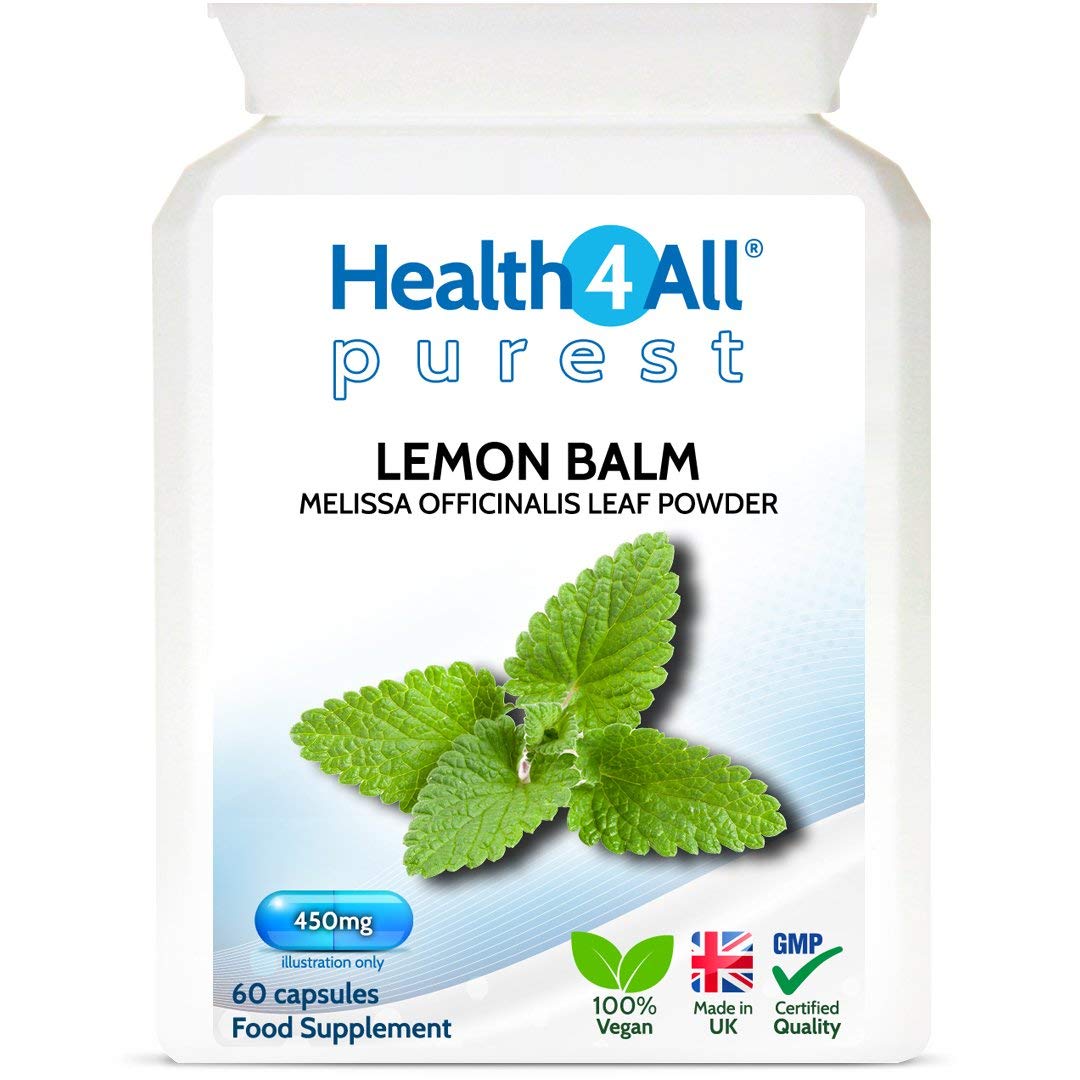 Lemon Balm 450mg 60 Capsules (V) Purest- no additives, Vegan. Melissa for Anxiety, Stress and Sleep. Made by Health4All