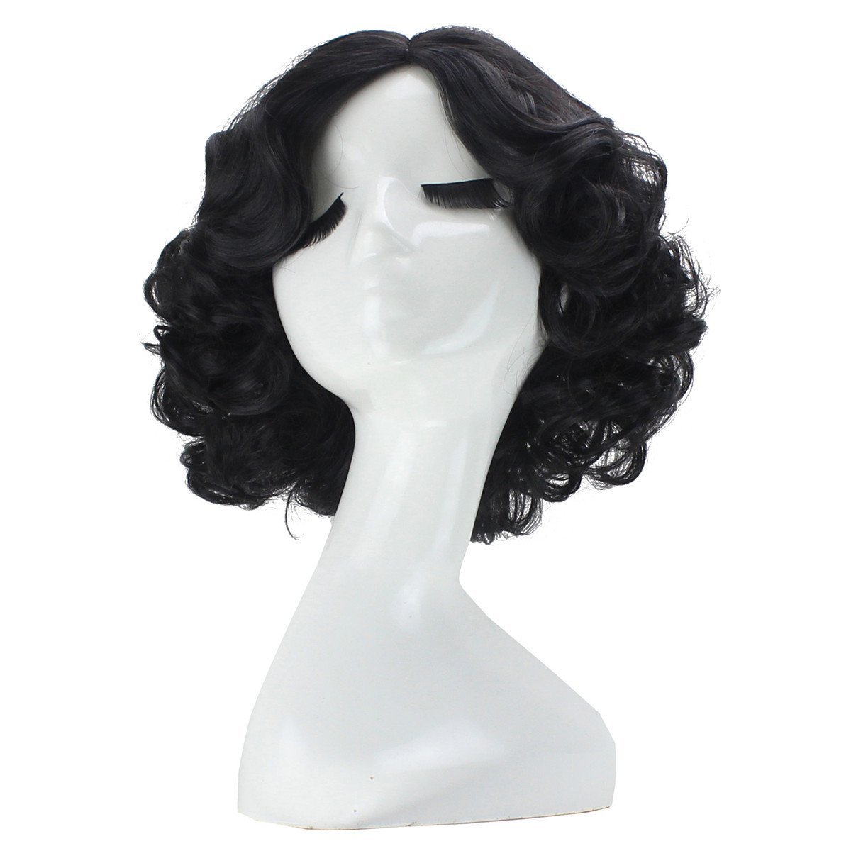 AnogolHair Cap+Short Black Curly Wigs with Middle Part for Women Synthetic Wig Princess Cosplay Wig for Halloween Party Christmas Costume Wig