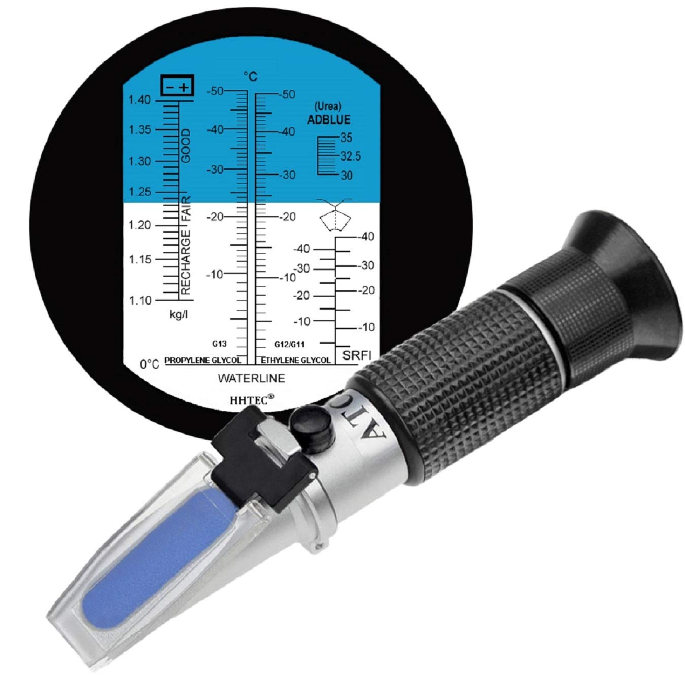 HHTEC 4-in-1 antifreeze refractometer ethylene glycol, propylene glycol, for automotive cooling fluid, Windshield washer fluid, AdBlue(DEF), automotive and industrial battery fluid measurement