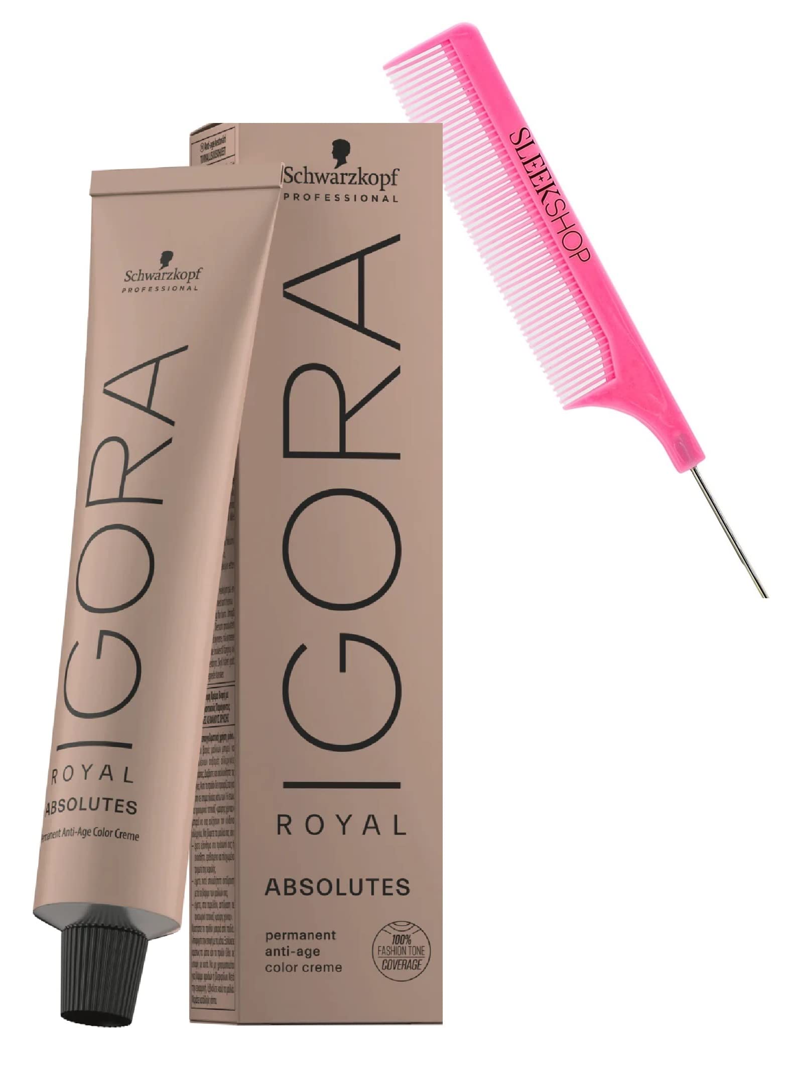 Sleekshop Comb + IGORA ROYAL ABSOLUTES by Schwarzkapf Professional PERMANENT ABSOLUTE ANTI-AGE Creme Hair Color Dye, 100% Coverage Cream Haircolor, Newest 2023-2024 Version (with SLEEKSHOP Argan-Oil Infused PINK Rat Tail Steel Pin Comb) (8-140 Light Blonde Cendré Beige Natural)