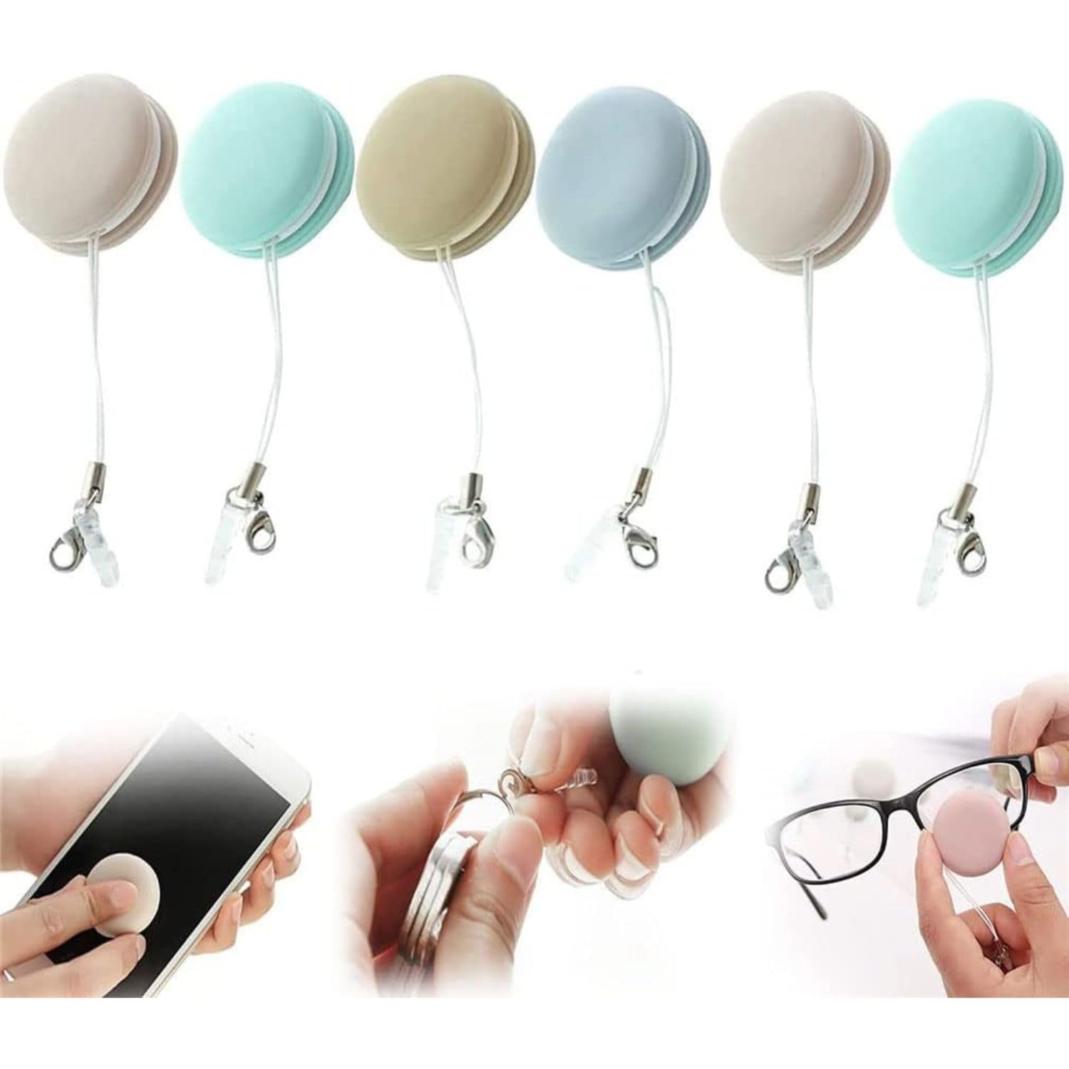 KIDWILL Macaron Mobile Lanyard Screen Cleaner, Macaron Shape Cleaning Cloth Mobile Phone Screen Lens Wipe Glasses, Portable Mini Screen Cleaner Wipes Balls with Keychain for Laptop, Mobile, Sunglasses