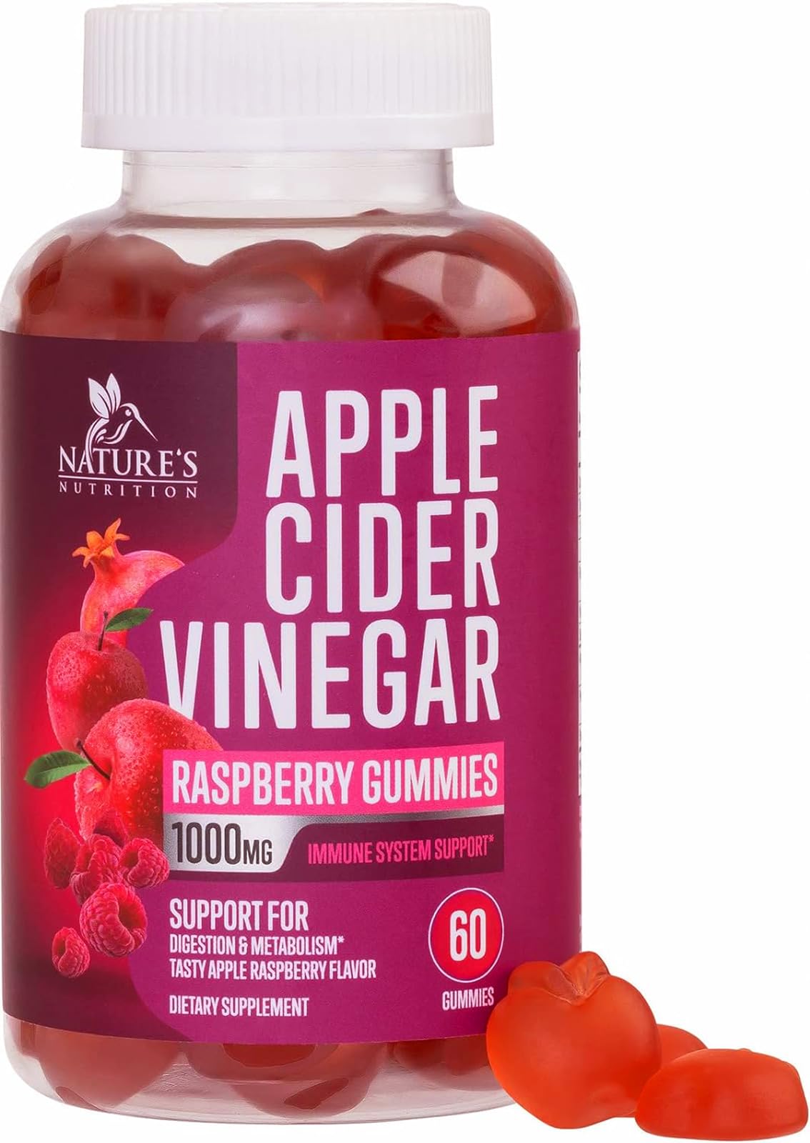 Vegan Apple Cider Vinegar Gummies 1000mg for Detox & Cleanse, ACV Gummy Vitamin B12 for Digestion Metabolism & Immune Health Support, Natural Apple Raspberry Flavor, Gluten Free - 60 Gummies