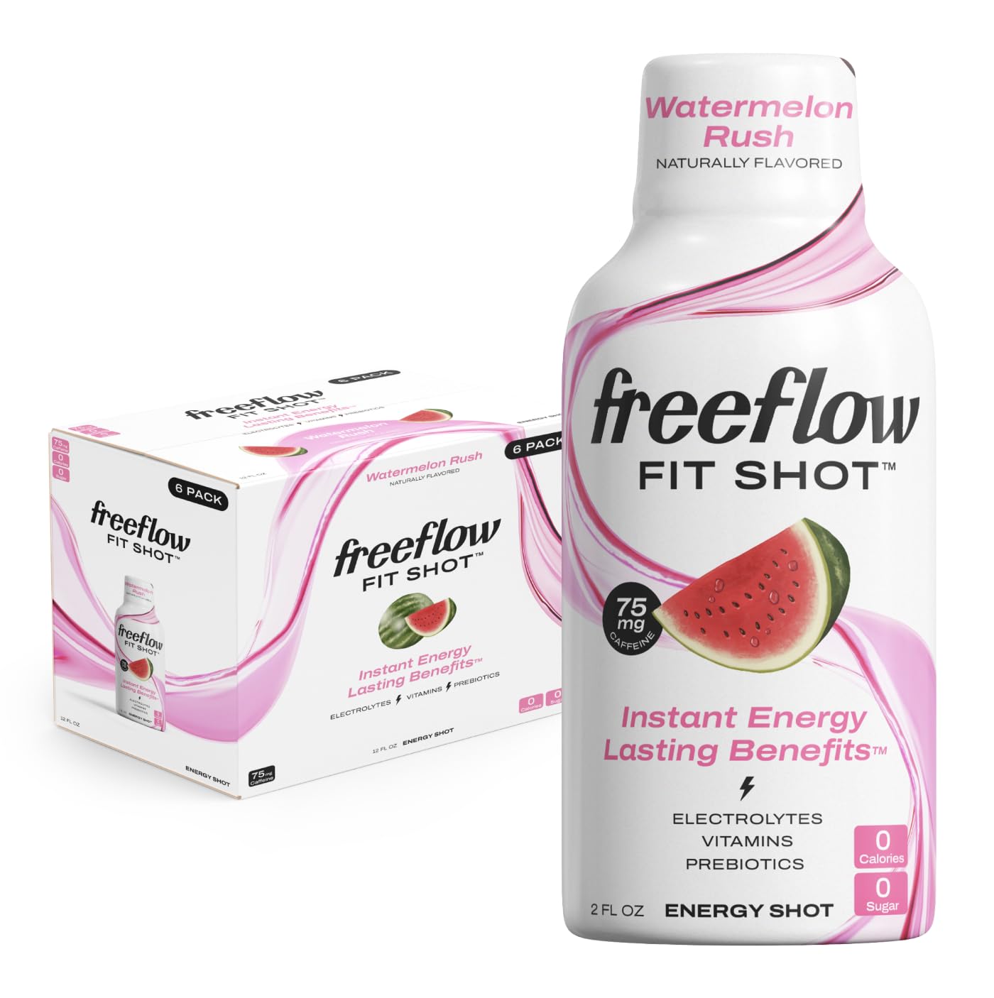 Freeflow Fit Energy Shots, Watermelon Rush, Natural Caffeine Boost with L-theanine, Ginseng, Vitamins, Prebiotics, Electrolytes (6 Count, 2oz Shots)