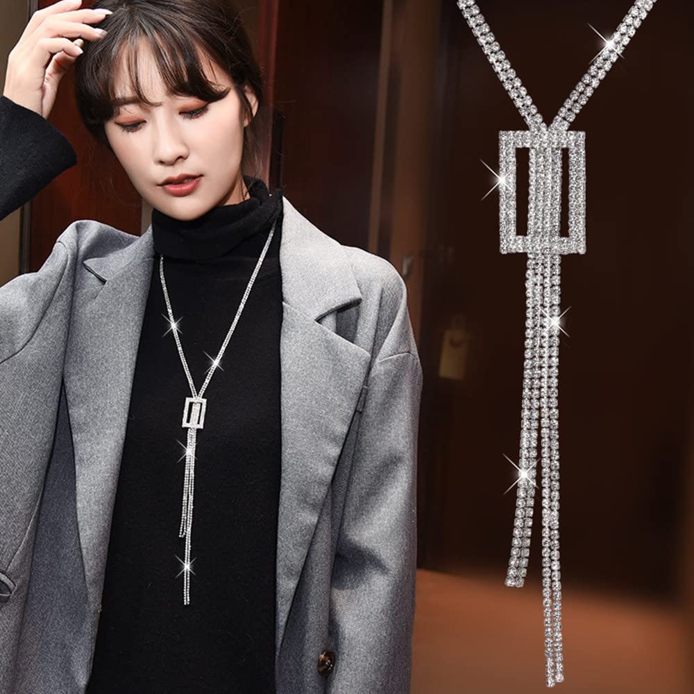 SitherCrystal Tassel Pendant Necklace for Women Long Y Necklace Silver Sweater Chain Necklace Wedding Dressy Necklace Jewelry for Winter Evening Party Christmas Gift