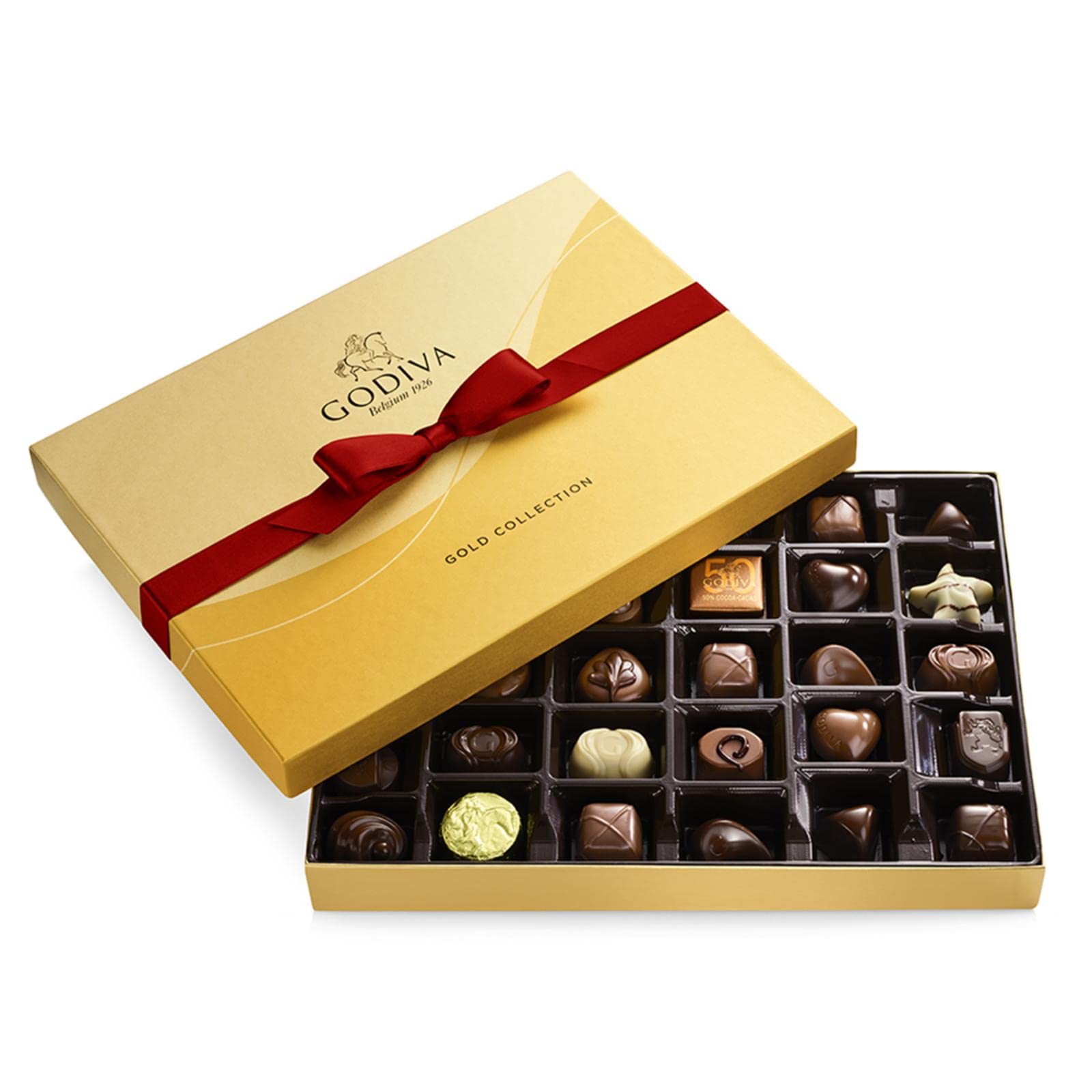 Godiva ChocolatierHoliday Gift Box with Red Ribbon – 36 Piece Assorted Milk, White and Dark Chocolate with Gourmet Fillings - Special Gold Ballotin Gift for Chocolate Lovers