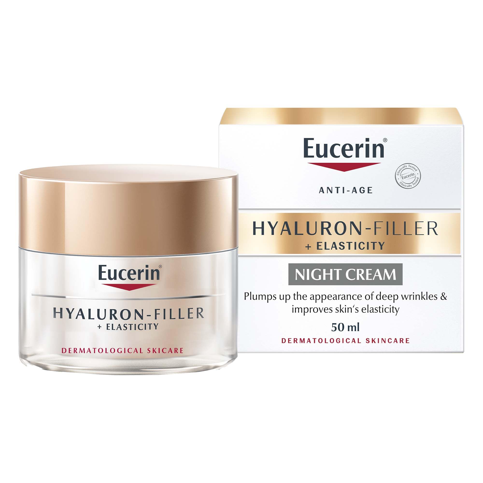 Eucerin Hyaluron-Filler + Elasticity Night Cream Plumps Up Deep Wrinkles, Enhances Skin Elasticity And Corrects Age-Spots for All Skin Types, 50ml