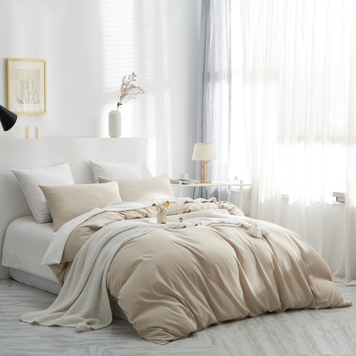 LanqinglvBed Linen 135 x 200 cm 2-Piece Beige Plain Duvet Cover 135 x 200 cm with Zip and Pillowcase 80 x 80 cm Made of Renforce Microfibre