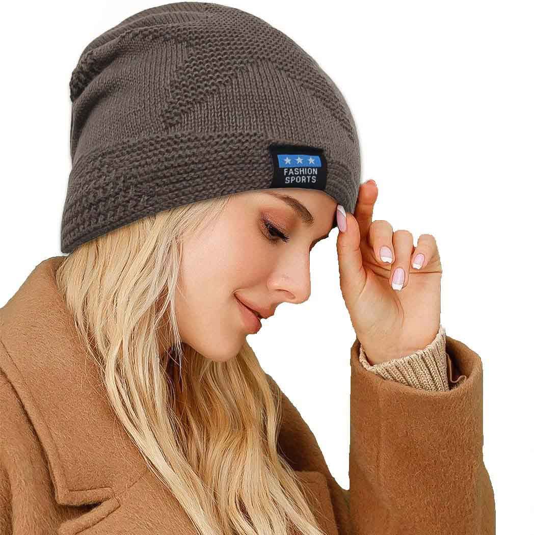 Winter Knitted Cap Brown Knit Beanie Hat Warm Fleece Lined Slouchy Ski Skull Cap for Women and Men