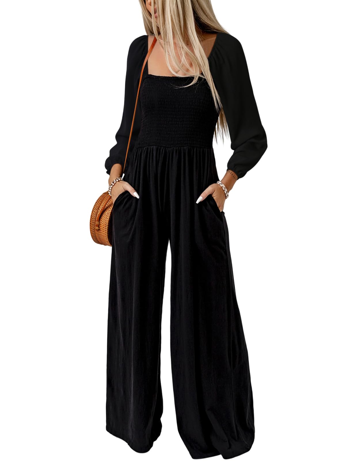 Dokotoo Women's Casual Loose Overalls Jumpsuits One Piece Long Sleeve Wide Leg Long Pant Rompers With Pockets