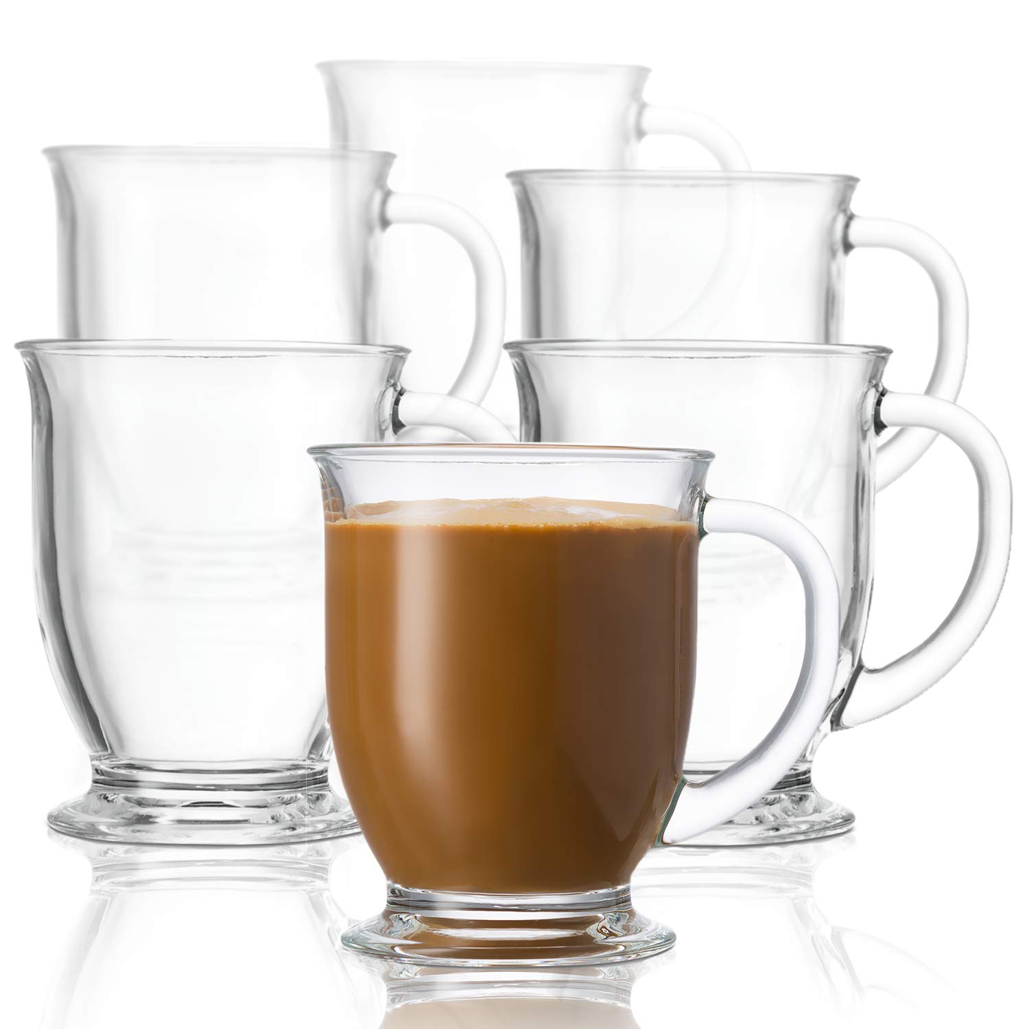 Kook Glass Coffee Mugs, with Handles, Clear Tea Cups, for Hot Beverages, Latte, Cappuccino, Espresso, Dishwasher Safe, Large, 15 oz, Set of 6