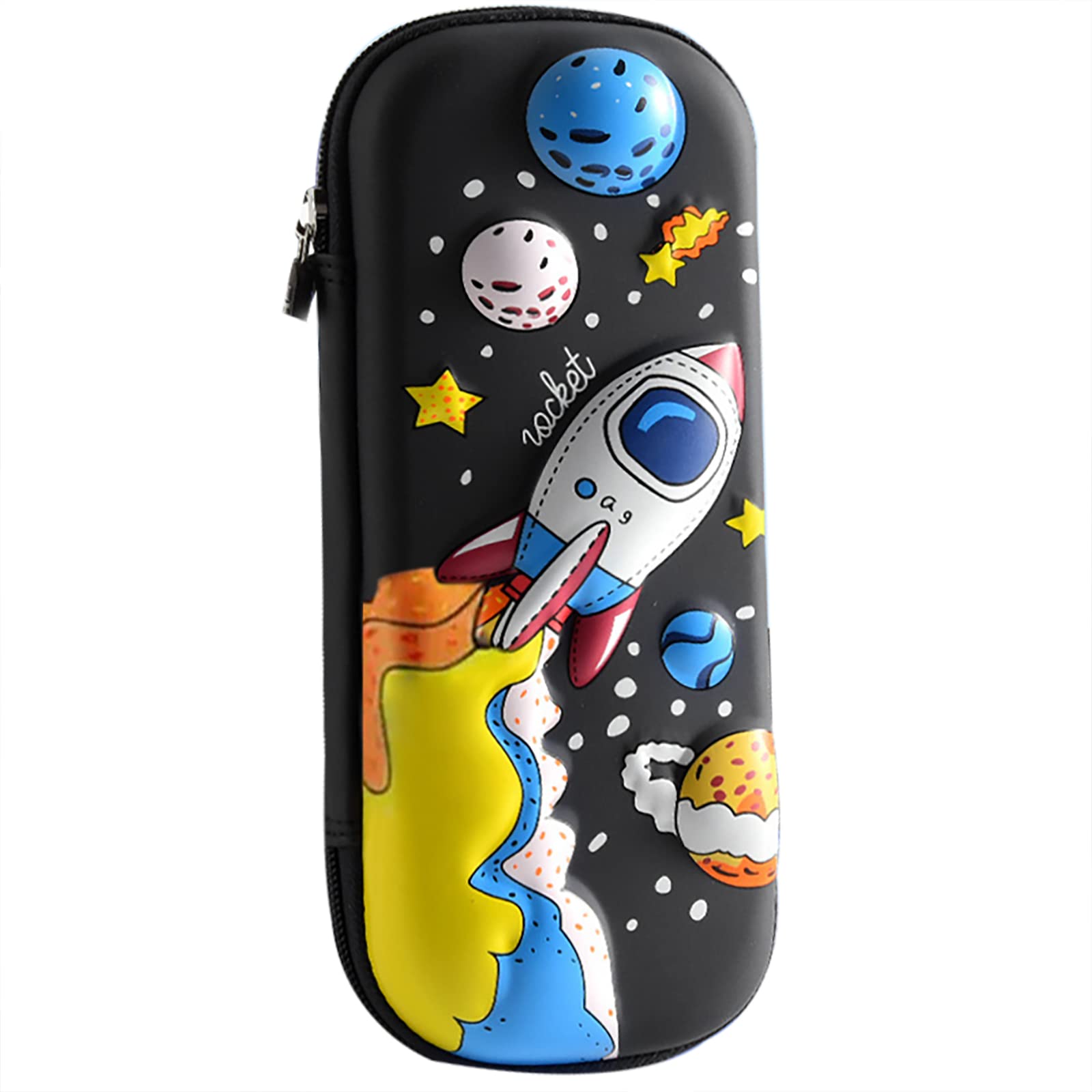 MCWTH Pencil Case for Kids Boys 3D Space Ship Large Capacity Waterproof Pencil Box with Compartments Cute Pen Pouch for Kindergarten and School (Black)