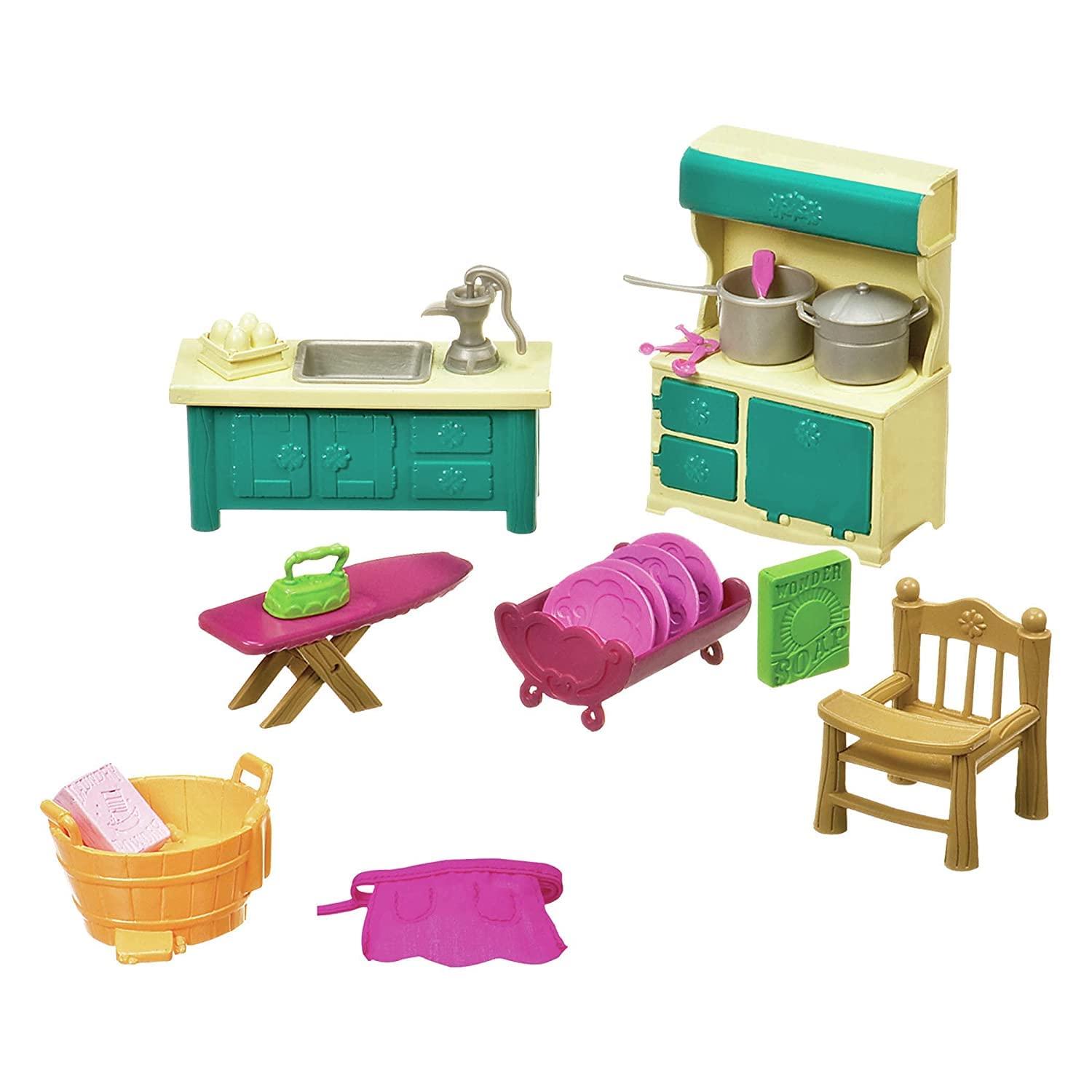 Li'l WoodzeezWZ6703Z Li’l Woodzeez (Kitchenette & Housekeeping 21pc Set with Kitchen Furniture and Accessories – Miniature Toys and Playsets for Kids Age 3+, Brown/a, S