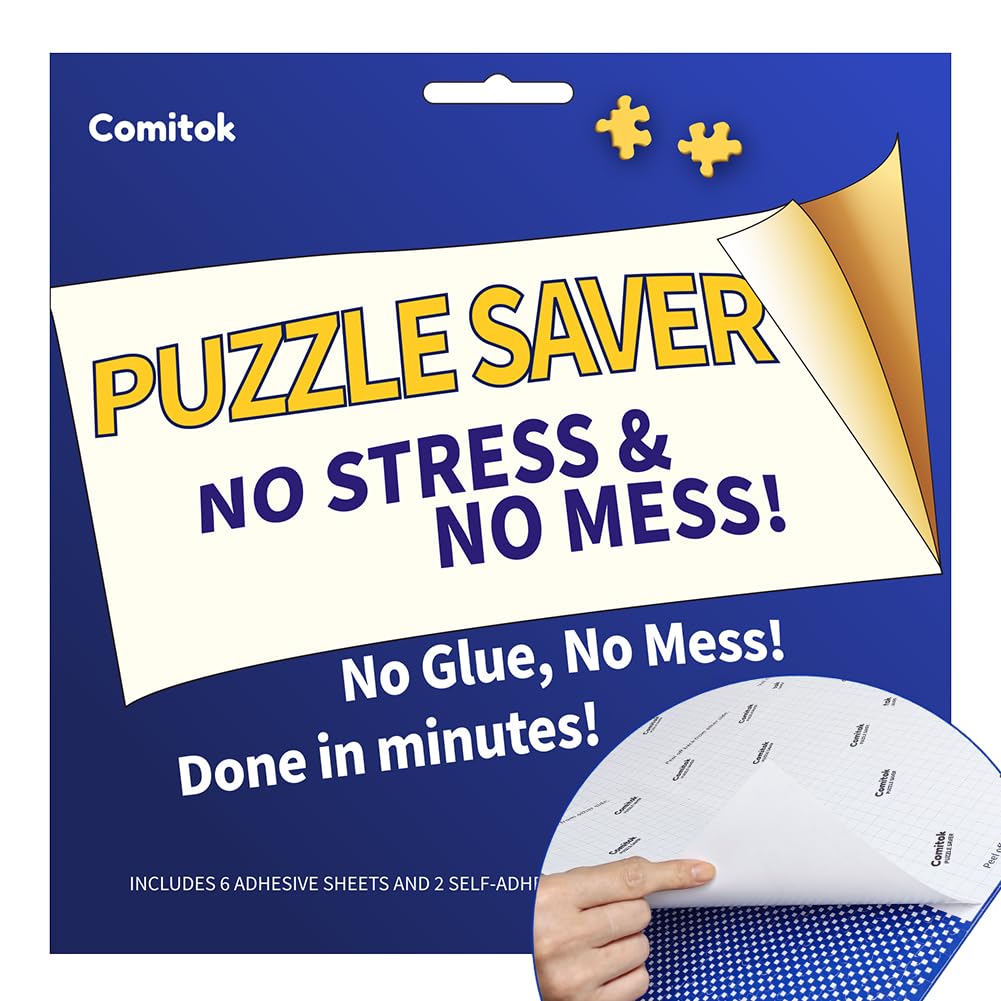 ComitokPreserve One 1000 Piece Jigsaw Puzzle Saver Sticker No Stress, No Mess No Glue - 6 Sheets 2 Adhesive Hangers