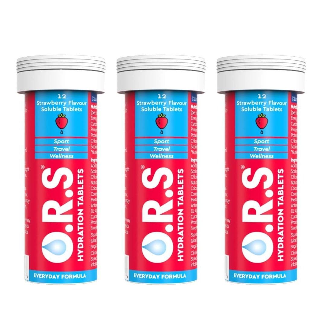 O.R.S Hydration Tablets with Electrolytes, Vegan, Gluten and Lactose Free Formula – Soluble Sports Hydration Tablets with Natural Strawberry Flavour, 36 Tablets (Pack of 3 x 12)