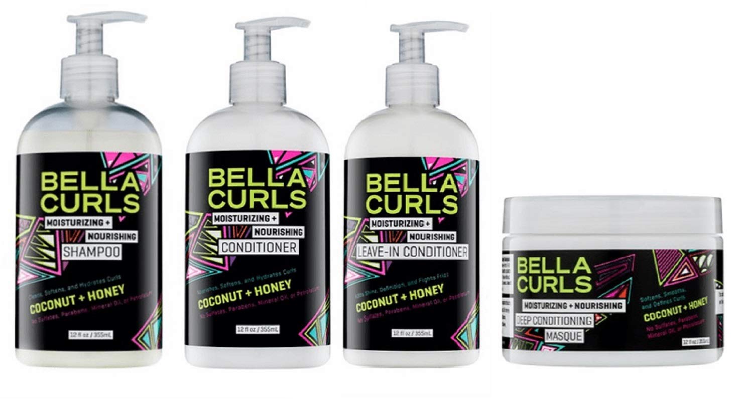 Bella Curls Moisturizing and Nourishing, Coconut and Honey Hair Product Combo Set (MASQUE&LIC&SH&COND)