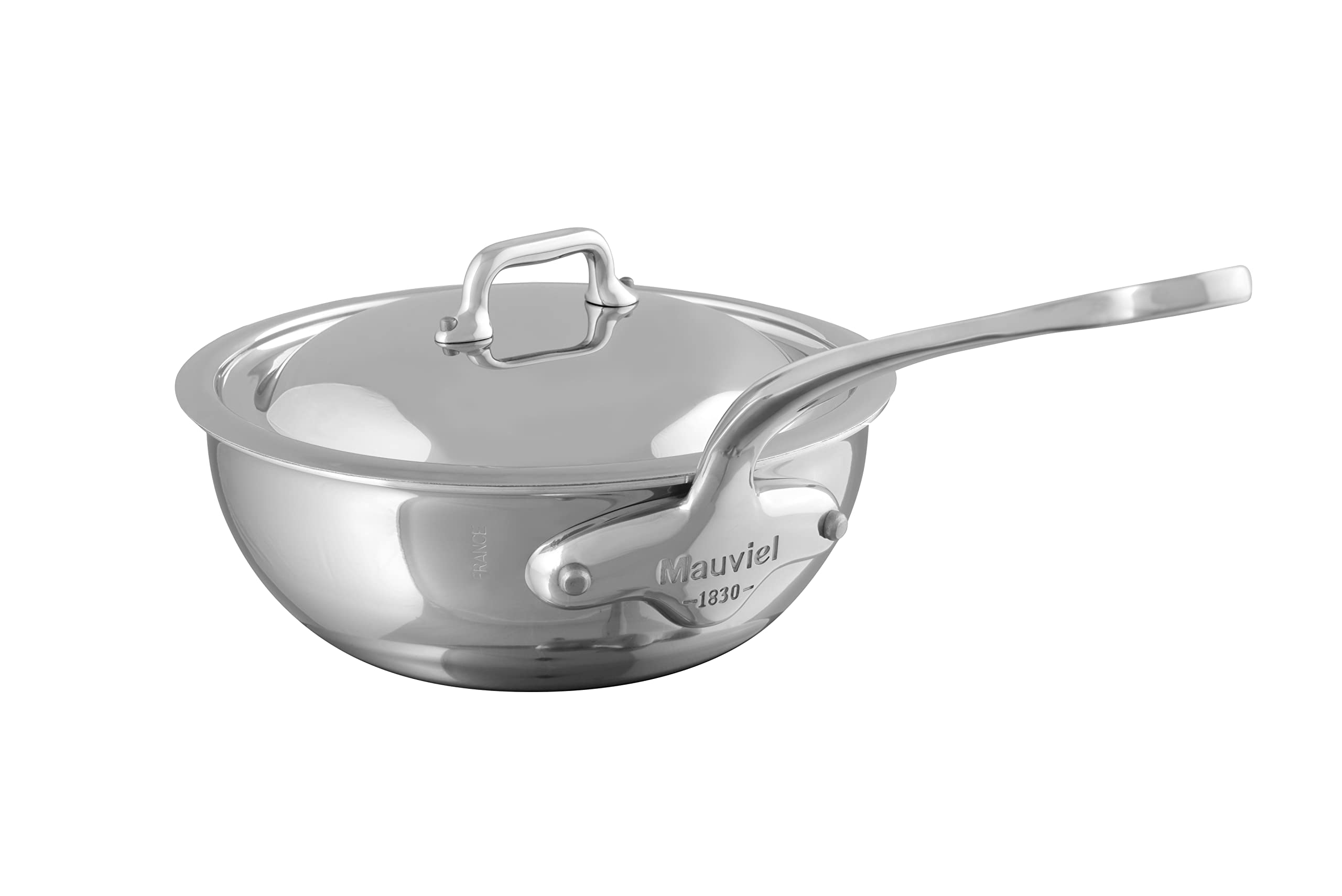 Mauviel M'Cook 5-Ply Polished Stainless Steel Splayed Curved Saute Pan with Lid, and Cast Stainless Steel Handle, 2.1-qt, Made in France