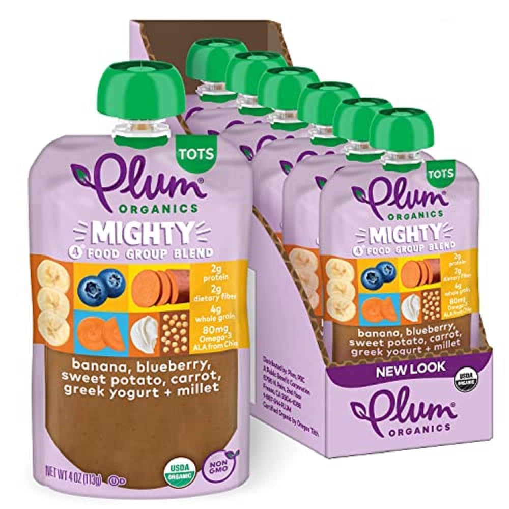 Plum Organics Mighty 4 Organic Toddler Food - Banana, Blueberry, Sweet Potato, Carrot, Greek Yogurt, and Millet - 4 oz Pouch (Pack of 6) - Organic Fruit and Vegetable Toddler Food Pouch