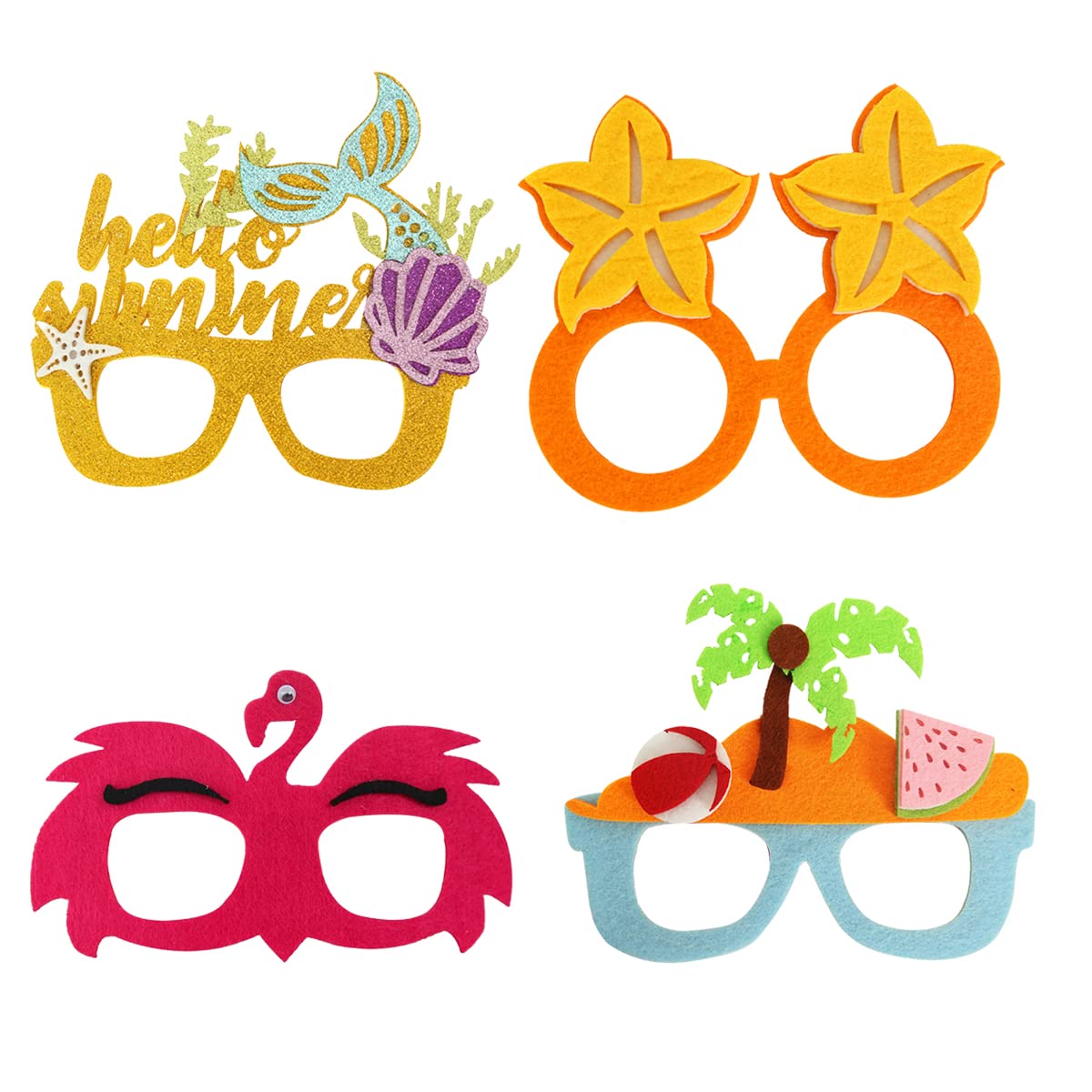 Summer Party Decorations Hawaiian Party Eyeglasses Photo Props Beach Pool Party Glasses Frame Mermaid Flamingo Beach Carambola Design Aloha Luau Eyewear Supplies Holiday Favors for Adult Kids 4PCS