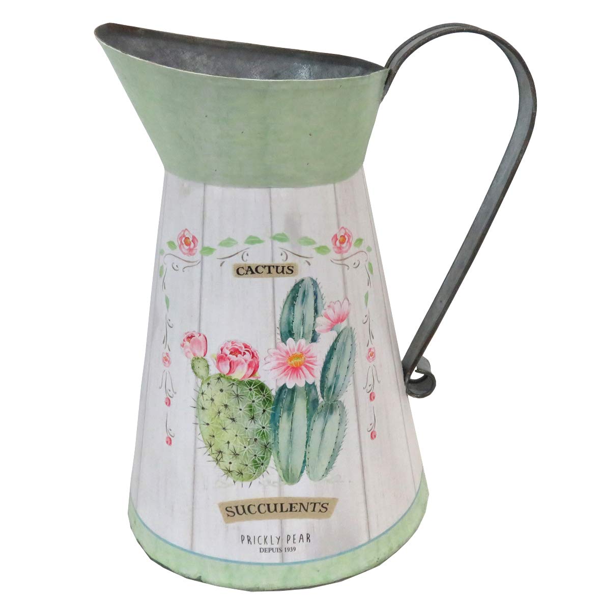 AllChic 3L Shabby Chic Vintage Cactus Motif Large Painted Tin Jug Handmade Metal Pitcher Farmhouse vase Metal jugs for Flowers Shabby Chic Home Accessories vases for Flowers vase for Flowers