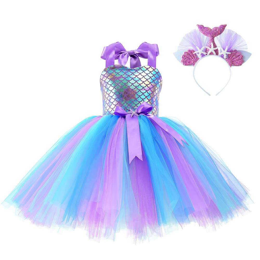 HomeChi Mermaid Tutu Dress for Girls, Princess Costume Halter Neck Decorated with Headband Mesh Tulle Skirt with Hair Hoop Dressing up Kid Holiday Dance Birthday Party Halloween Cosplay Purple Outfit