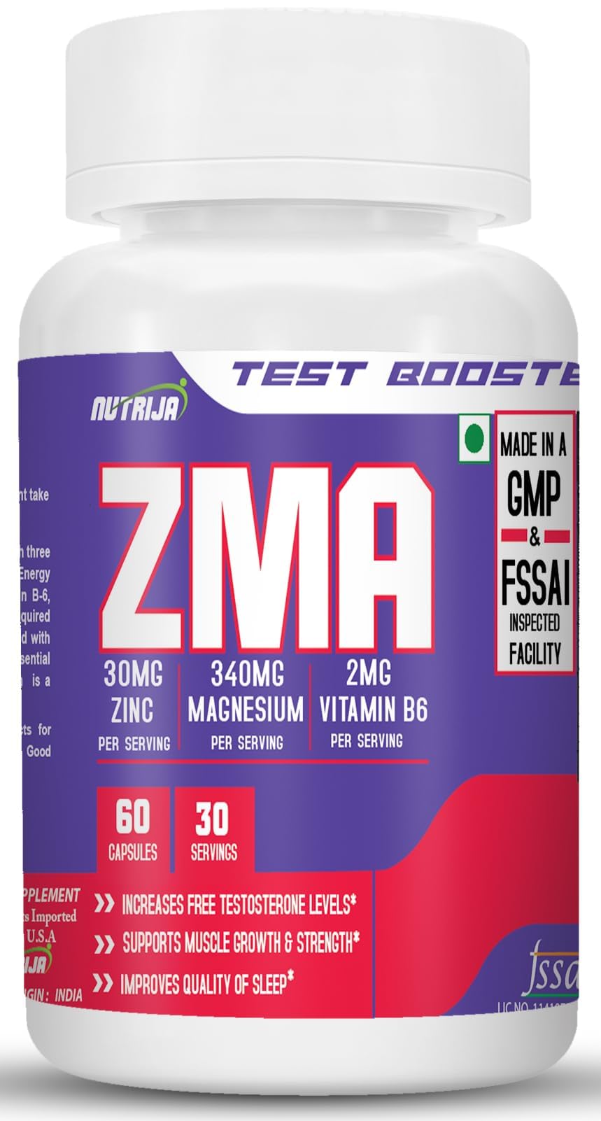 NutriJa Zma (Zinc, Magnesium, Vitamin B6 With Added Boron) Testosterone Booster Capsule (30 Servings)