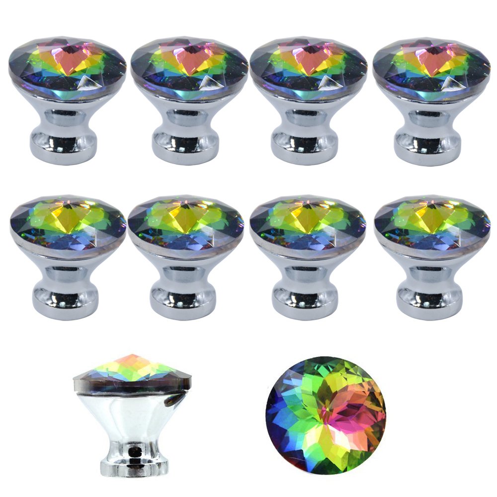 Yishik MY08 10pcs Gorgeous Crystal Glass Knobs Drawer Pulls Handle for Wardrobe,Cupboard,Kitchen and Bathroom Cabinets,Colorful，30mm