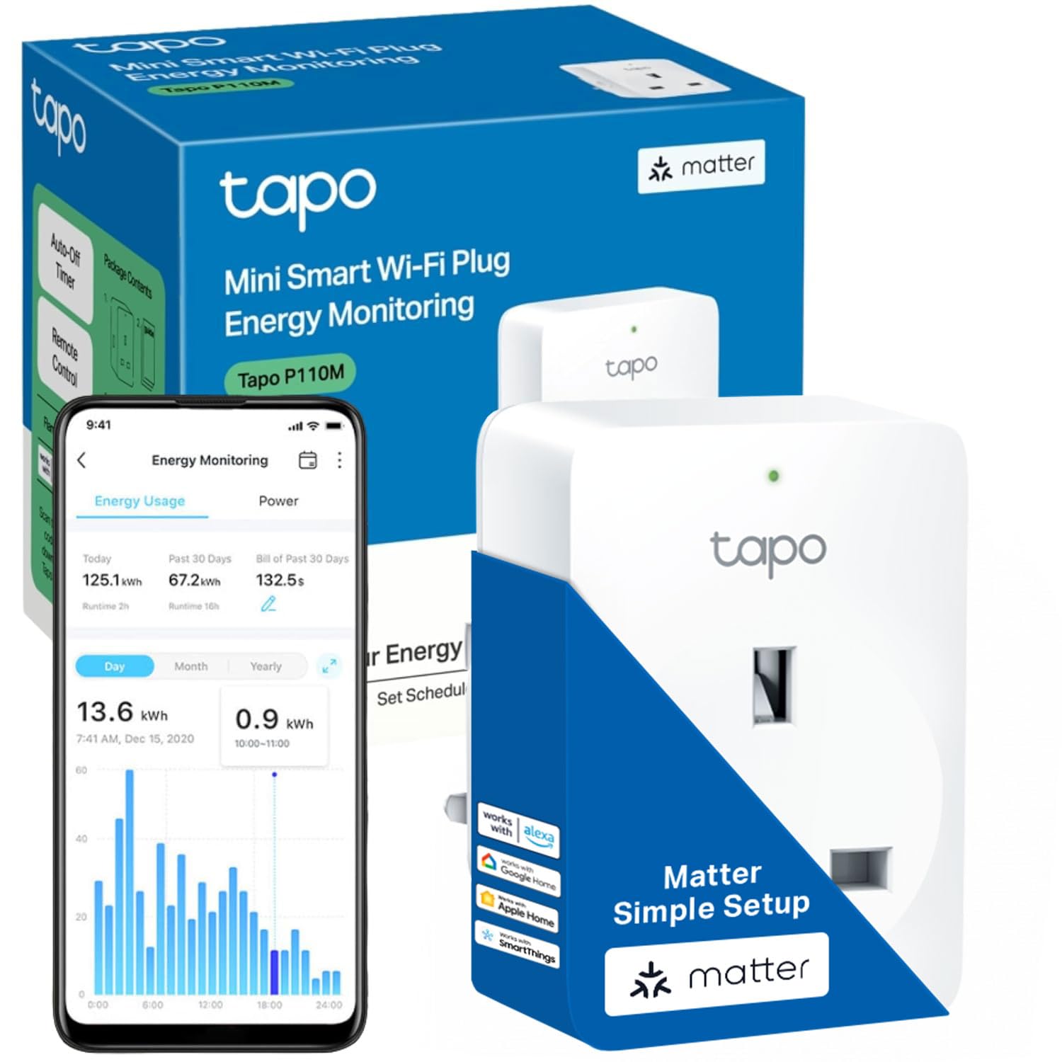 TapoWiFi App Control Smart Plug, Energy Monitoring & MATTER Compatible Alexa Plug, Works with Alexa, Google, Apple HomeKit, Smart things, Device Sharing, Smart Plugs That Work With Alexa (Tapo P110M)