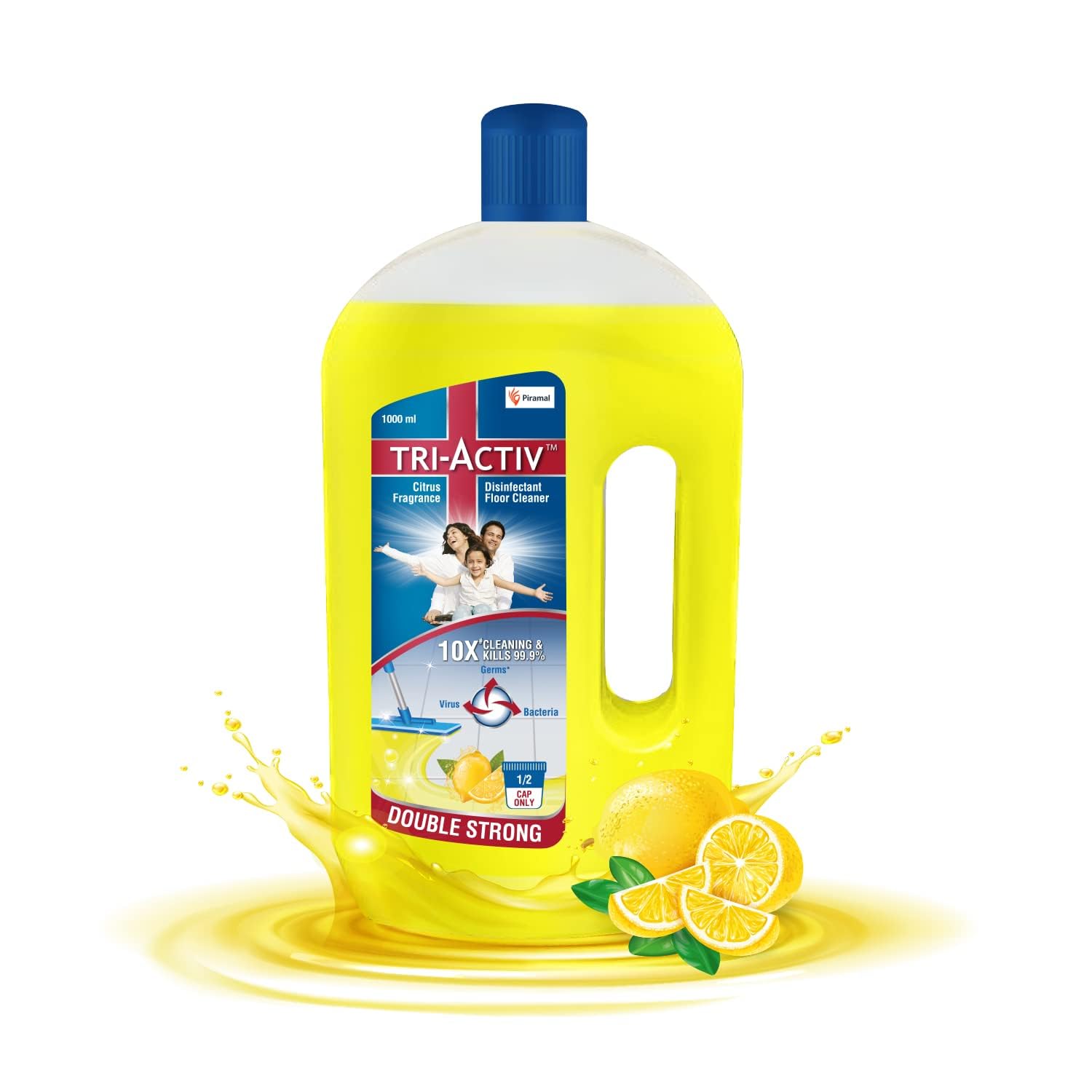 Tri-Activ Double Strong Disinfectant Floor Cleaner | Half Cap Only | 10X Cleaning with 99.9% Germ kill | Citrus Fragrance - 1000 ml x Pack of 1