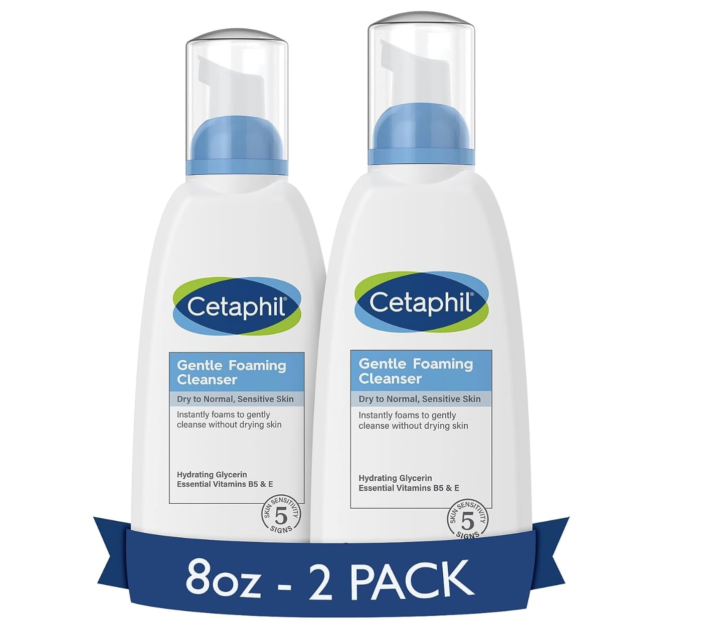 CetaphilOil Free Gentle Foaming Cleanser For Dry to Normal, Sensitive Skin, 8oz Pack of 2, Made with Glycerin and Vitamins B5 and E, Dermatologist Tested, Hypoallergenic, Soap Free, Fragrance Free