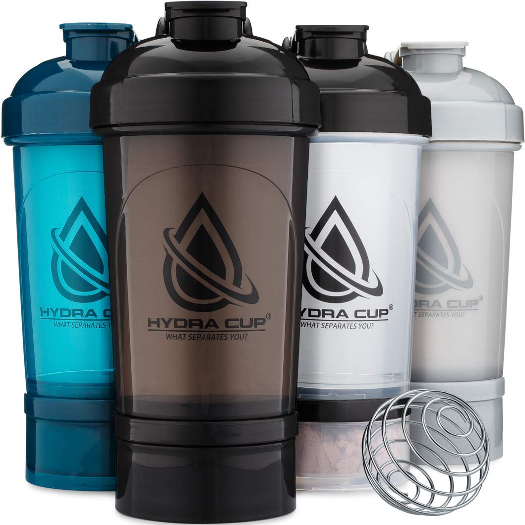 Hydra CupStorage [4 Pack] 22 oz Shaker Bottles for Protein Shakes, Shaker Cups with Ball Blender Whisk, Shaker Bottle with Storage, Supplement & Pill Storage, Travel To Go, BPA Free (Dark Colors)