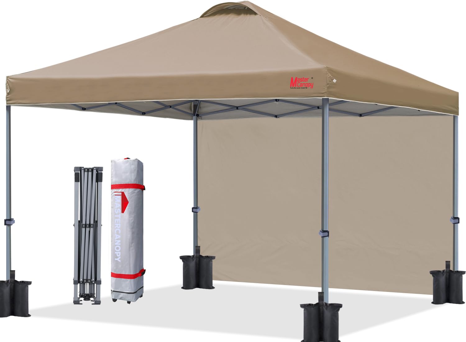 MASTERCANOPY Pop up Canopy Tent with 1 Sidewall (12x12 ft, Khaki)