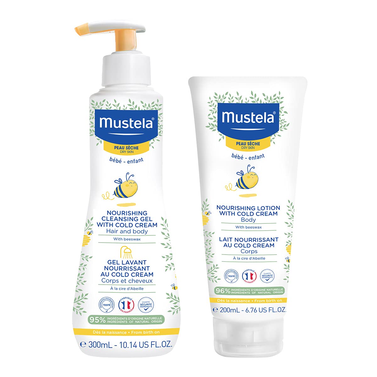 MustelaBaby Dry Skin Bath Time Gift Set - Baby Skin Care Essentials - with Natural Avocado & Cold Cream - 2 Items Set