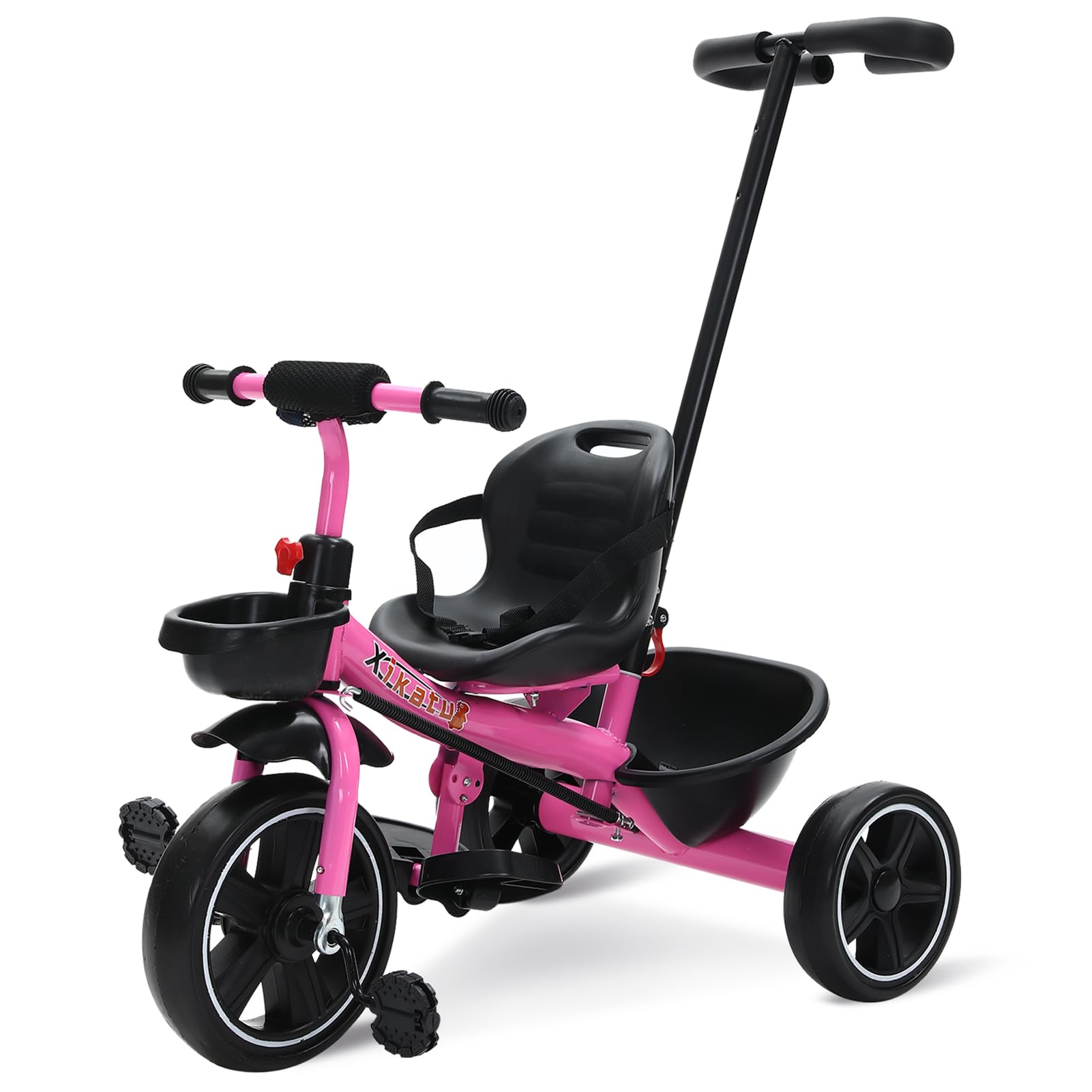 DAYONG Kids Tricycle with Parent Push Handle, Baby Tricycle for 1-8 Year Olds, Toddler Trike with Dual Storage Basket, Seat Belt & Folding Footrest (pink)