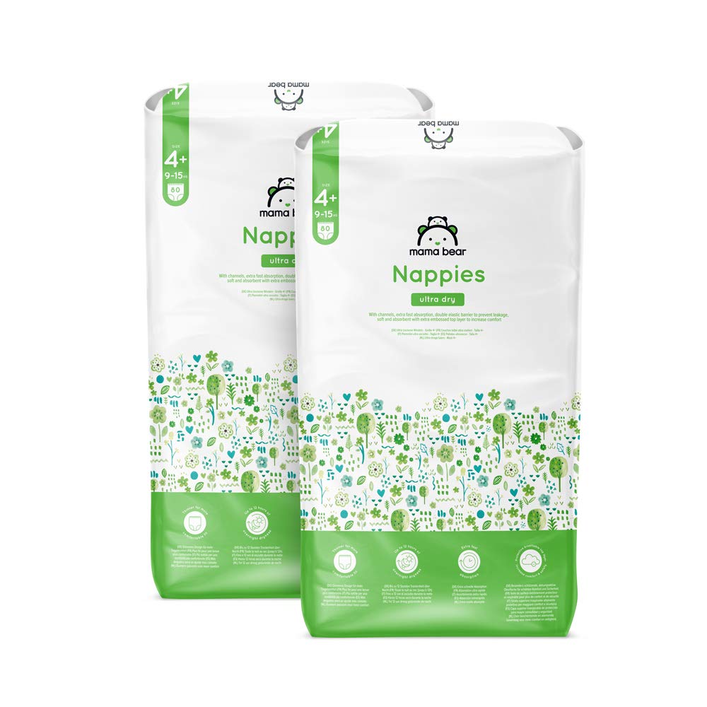 Amazon Brand - Mama Bear Ultra Dry Nappies, Size 4+ (9-15 kg), 160 Count (2 Packs of 80), White, Monthly Pack